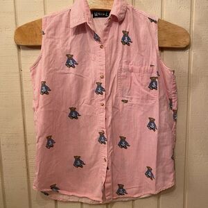 Vintage Quizz New York Shirt Women's Large Pink Striped Teddy Bear Sleeveless